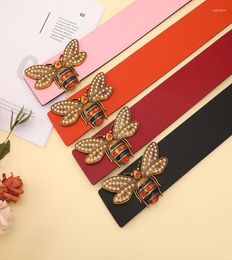 Belts Leather Wide Belt For Women Bee Pearl Buckle Jeans Black Red Pink Ladies Designer Strap Female Waistband3263378