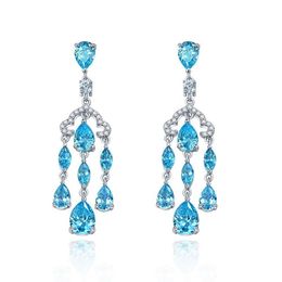 Water Drop Aquamarine Diamond Dangle Earring 100% Original 925 sterling silver Party Wedding Drop Earrings for Women Jewelry3042