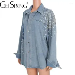 Women's Blouses Women Denim Shirt 2023 Autumn 668 Diamonds Full Sleeve Jean Blouse Fashionable Loose Casual Long Female Tops