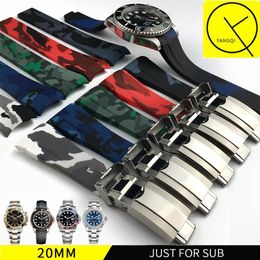 Waterproof Rubber Watchband Stainless Steel Fold Buckle Watch Band Strap for Oysterflex SUB Bracelet Watch Man 20mm Black Blue TO318y