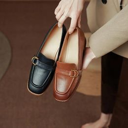 Dress Shoes 2023 Autumn Women Pumps Natural Leather 22-25cm Cowhide Pigskin Full Loafers Round Toe Buckle For