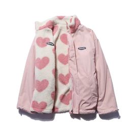 Double-sided heart shape design lamb plush women's coat cotton clothes winter warm windproof jacket street Y2K clothing 231228
