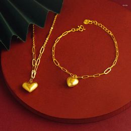 Necklace Earrings Set Pure Gold Colour Heart Charm Bracelet For Women Wholesale 24k Filled Fashion Chains Punk Party Jewellery Gift