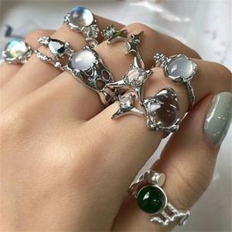 Cluster Rings French Retro Crystal Ring For Women Moonstone Angel Devil Flowers Index Finger Open Simple Silver Color Party Jewelry