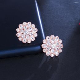 Stud Earrings ThreeGraces Fashion Sparkling Cubic Zirconia Rose Gold Color Big Flower For Women Wedding Party Jewelry E1790