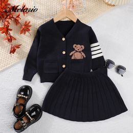 Melario Girls Sweater Set Autumn Long Sleeve Knit V Neck Little Bear Printed Top Pleated Skirt Two Piece 231228