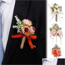 Pins Brooches Elegant Rose Artificial Flower Groom Boutonniere Man Cor Father Brother Flowers Brooch Pin Suit Party Decoration Drop De Otviy
