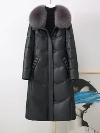 Women's Leather Down Jacket Medium Length Fur Collar Hooded Fashion Sheep Dress Slim Body