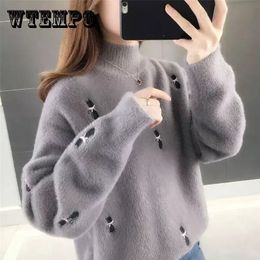 WTEMPO Womens High Half Neck Long Sleeve Knitted Sweater Cute Cat Decoration Loose Soft Comfy Ladies Knitwear Pullover Jumper 231228