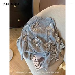 Women's Sweaters 2023 Winter Sweet Casual Round Neck Knitting Long Sleeve Pullovers Women Hollow Out Appliques Ladies Sexy Loose Sweater