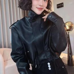 Women's Leather Black Wine Red Short Coat Female 2024 Spring Autumn Fashion PU Jacket Long Sleeve Outwear Tops Motorcycle