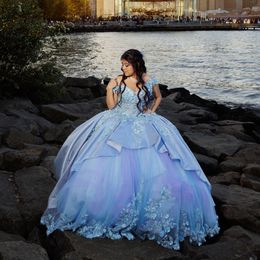 Sky Blue V-Neck Ball Gown Quinceanera Dress Appliques Off The Shoulder Birthday Party Gowns Beaded Prom Dresses Vestido De 15 Anos
