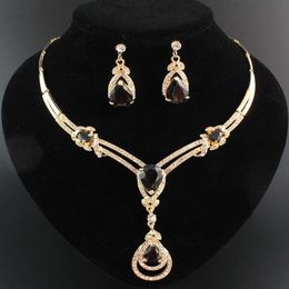 Garnet Topaz Yellow Gold Plated Necklace Fashion Bridal Zircon Crystal Wedding Necklace Earrings Wedding Jewelry Set311k