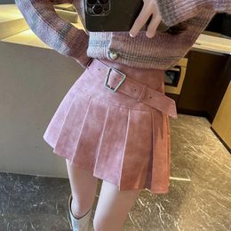 Skirts Stylish And Trendy Pink Pleated Mini Skirt For Women American Spicy Girl Style Autumn Workwear A Line High Waist Slimming Pu Lea