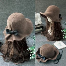 Vintage Wool Bucket Hats Ladies Bowler Hat Fashion Bows Basin Hat Fisherman Hat Woman Winter Black Coffee Dark Camel Hat 231228