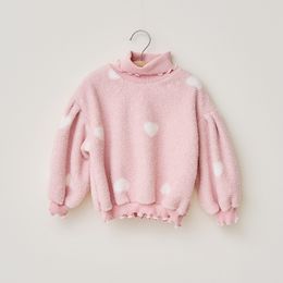 Girls love heart embroidery fleece sweatshirt kids high collar puff sleeve princess pullover Valentine's Day children clothes tops Z6367