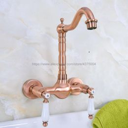 Bathroom Sink Faucets Antique Red Copper Basin Faucet Wall Mounted Double Handle Swivel Spout And Cold Mixer Nnf948