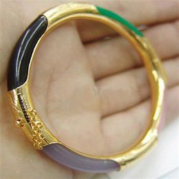 Multi-Color Green Black Red Purple Pink Jade Agate 18KGP Clasp Bangle Bracelet283u