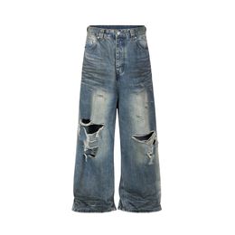 Frayed Damaged Hole Baggy Wide Leg Jeans for Men and Women Streetwear Casual Denim Trousers Oversized Cargo Pants