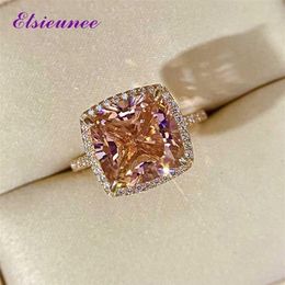 ELSIEUNEE 18K Rose Gold Colour Morganite Diamond Rings For Women Solid 925 Sterling Silver Wedding Ring Fashion Fine Jewellery Gift 2220k