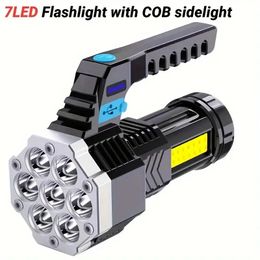 1pc 7LED Flashlight, COB Portable Lamp, USB Rechargeable Torch, Handheld Portableoutdoor Lamp For Camping, Trekking, Fishing