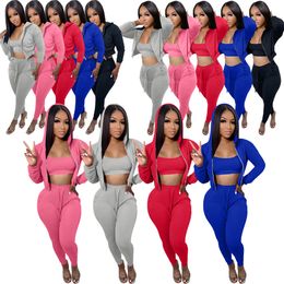 2024 Designer Fall Winter Tracksuits Women Long Sleeve Sweatsuits Casual Hooded Jacket Tank Top Pants 3 Pieces Sets Casual Jogger Suits Solid Sportswear 8510