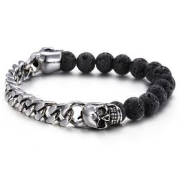 Black Volcanic Lava Stone Beads With Gold Color Stainless Steel Skull Bracelets Bangles Curb Cuban Link Chain Bracelet Punk Man Wr301B