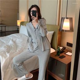 Women's Sleepwear Fashion 2pcs Cotton Pajamas Solid Spring Long Sleeve Button Cardigan Tops Loose Trousers Pijama For Women Pjs