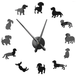 Wall Clocks Diy Dachshund Art Wiener-Dog Puppy Dog Pet Frameless Giant Clock With Mirror Effect Sausage Large