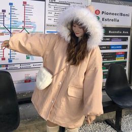 Women's Trench Coats Winter Korean Style Large Wool Collar Cotton Jackets Women Medium Length Loose Fashion Thick Retro Hooded Jacket