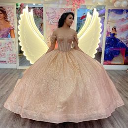 Luxury Gold Shiny Princess Quinceanera Dresses 2024 Beads Off Shoulder Tassels Birthday Party Sweet 16 Gowns Lace-Up vestidos de 15