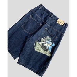 Retro Anime Pattern Embroidered Denim Shorts Y2k Haruku Fashion Loose Knee Pants Summer Casual Hip Hop Punk Rock Jeans
