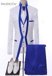 Gwenhwyfar White Royal Blue Rim Stage Clothing For Men Suit Set Mens Wedding Suits Costume Groom Tuxedo Formal Jacketpantsvest4168259