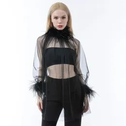 Women's Tanks Ostrich Feather Sheer Mesh Pullover Top 2023 Oversize Long Sleeve T Shirt Holographic Blouse Wedding Tops For Women 23A0835