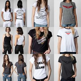 24ss New Zadig Voltaire Women Designer Pullover T shirt Casual Classic Style Letter Rock Hot Diamond Cotton U-neck Tees Gray Slim Fit Short Sleeved T-shirt Polos Tops zv