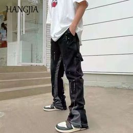 Vintage Streetwear Flared Pants Hip Hop Splashing Ink Wide Leg Jean Overalls for Men Fashionable Retro Patchwork Jeans