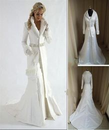 Pele inteira uma linha envoltório sem alças cetim branco inverno vestido de casamento capa capela trem cetim manga longa casaco para Bride1786595