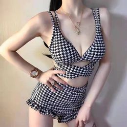 Plaid Swimwear Ladies Korea 2023 Star Same Swim Bikini Hollow Out Cross Straps Sexy Swimsuit Women Bikinis Suit 231227