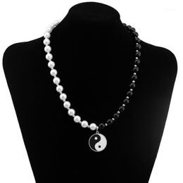 Chains Stainless Steel Necklace Tai Chi Disc Pendant Black And White Pearl Long Punk Fashion For Men Wom290L