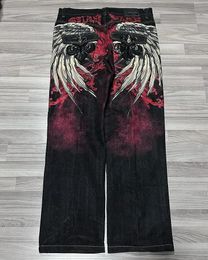 Gothic Y2 Baggy Jeans for Men Oversized Wings Pattern Tie Dye Black Denim Trousers Hip Hop Harajuku Wide Leg Pants Streetwear 231228