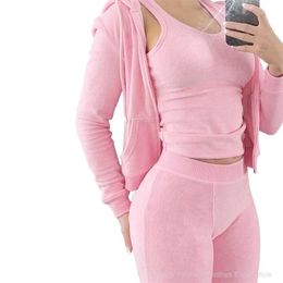 Womens Tracksuits Sets Fall Winter Zipper Jacket Cashmere Vest Hooded Pants Three Piece Set Outfit Conjuntos De Pantalones 231227