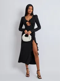 Casual Dresses Spring Fall Women Ruffle Frill Long Dress Sleeve V Neck Tie-up Cut Out Slit Party Club Beach 2K Aesthetic