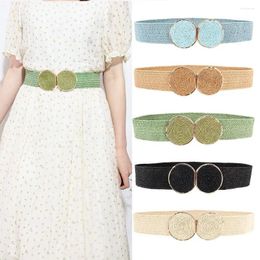 Belts PP Straw Braided Belt With Round Buckle Adjustable Woven Elastic Boho Women For Dresses