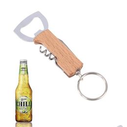 Openers Beer Bottle Opener Keyring Keychain Stainless Steel Mtifunctional Wooden Handle Corkscrew Wine Bar Party Accessory New Drop De Dh8Ro