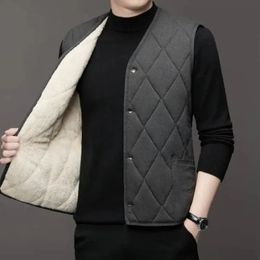 Autumn Winter Men Lamb Fleece Coat Vest Button Cardigans Fashion Thicken Warm Solid VNeck Casual Versatile Plaid Jackets 231227