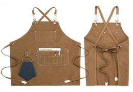 Aprons Kitchen Heavy Duty Canvas Barber Work Unisex Cross Straps Adjustable Salon Hairdresser Bib PU Leather for Men 2211227549178