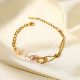 Charm Bracelets 18K Gold Plated Colorful Pearl Bracelet Gift Stainless Steel Bead Chain Heart For Women