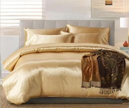 100 Good Quality Satin Silk Bedding Sets Flat Solid Colour UK Size 3 pcs Gold Duvet Cover Flat Sheet Pillowcases2530336