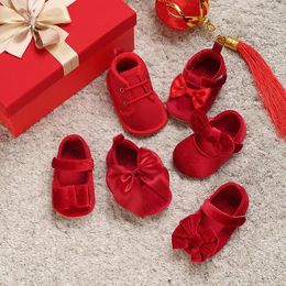 First Walkers Red Born Baby Shoes Girl Cute Classic Bowknot Rubber Sole Anti-slip PU Dress Walker Toddler Crib