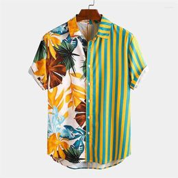 Men's Casual Shirts 3d Printed Hawaiian Stripe Leaves Shirt Summer Vacation Men Short Sleeves Tops Street Loose Beach Button
